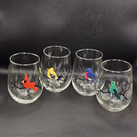 Mary Elizabeth Arts Other - Mary‎ Elizabeth Arts Birds Stemless Wine Glasses Tumblers Set of 4 Made USA 4.5"